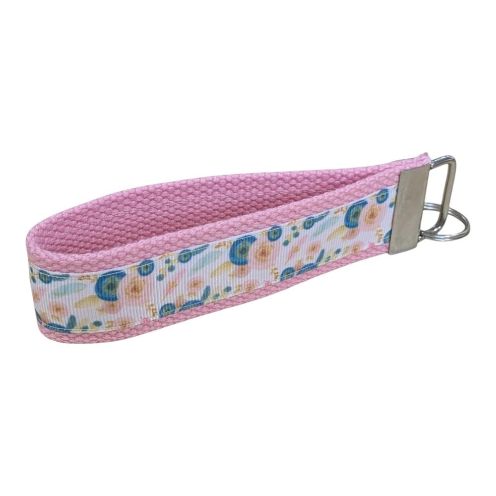 Floral Keychain Pink Teal Wristlet‎ Handmade Fabric Key FOB Flower Bohemian Boho